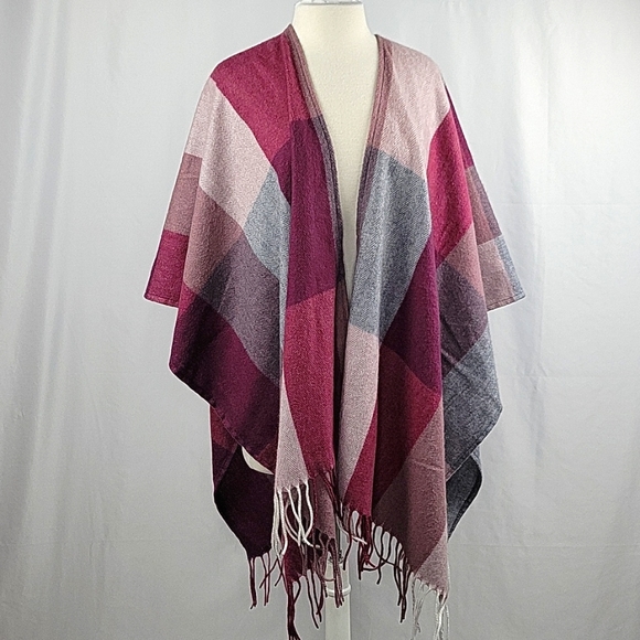 Woolrich Delphine Plum Plaid Open Wrap Poncho - Picture 2 of 10